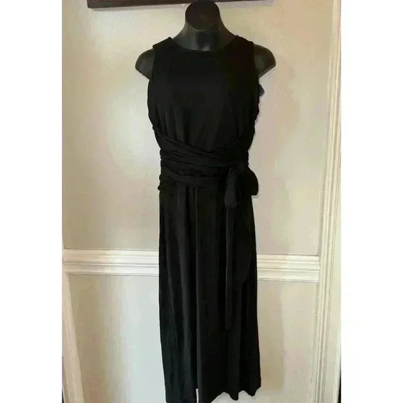 Lauren Ralph Lauren Faux Wrap Belt Midi Black ‎ Dress W/ Keyhole Back Size L - Picture 1 of 11